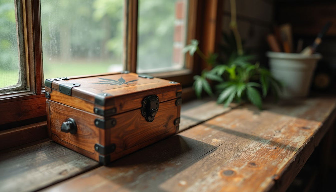 A rustic wooden stash box for storing weed on a table.