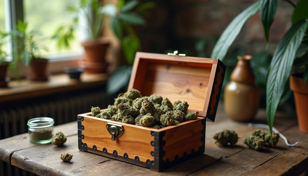 A wooden stash box with cannabis products on rustic table.