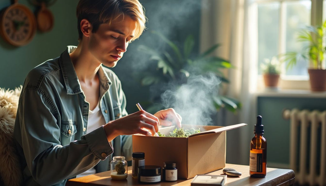A person opening a cannabis subscription box in a cozy room.