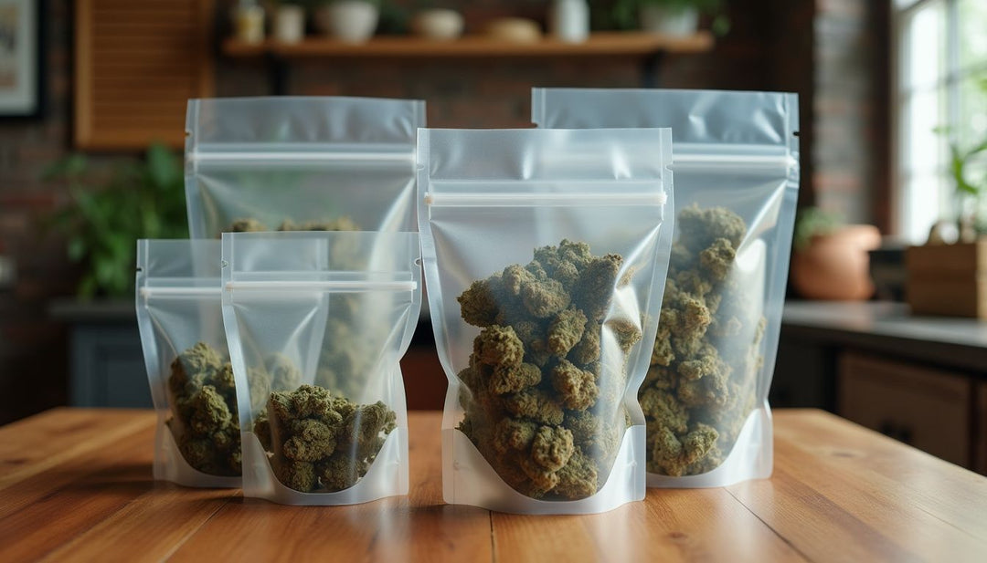 A wooden table displaying various cannabis bags in different quantities.