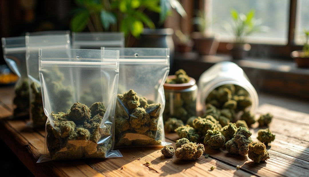 Various cannabis bags and containers on a rustic wooden table.