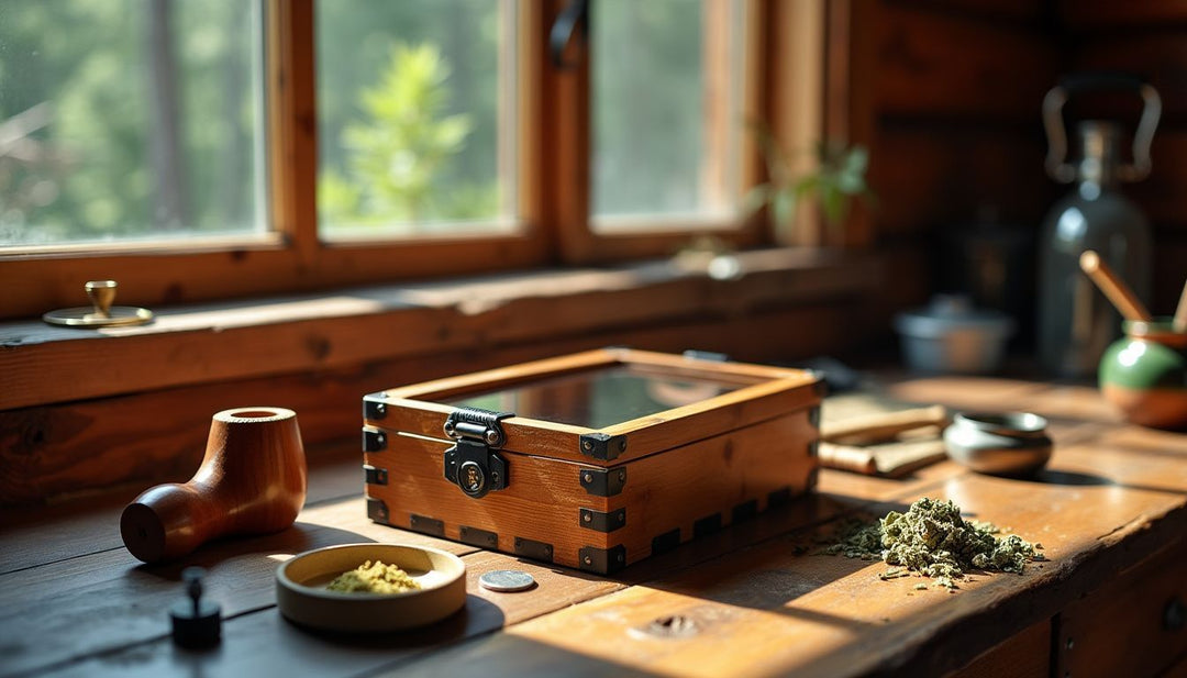 A wooden stash box on a table in a cozy cabin.