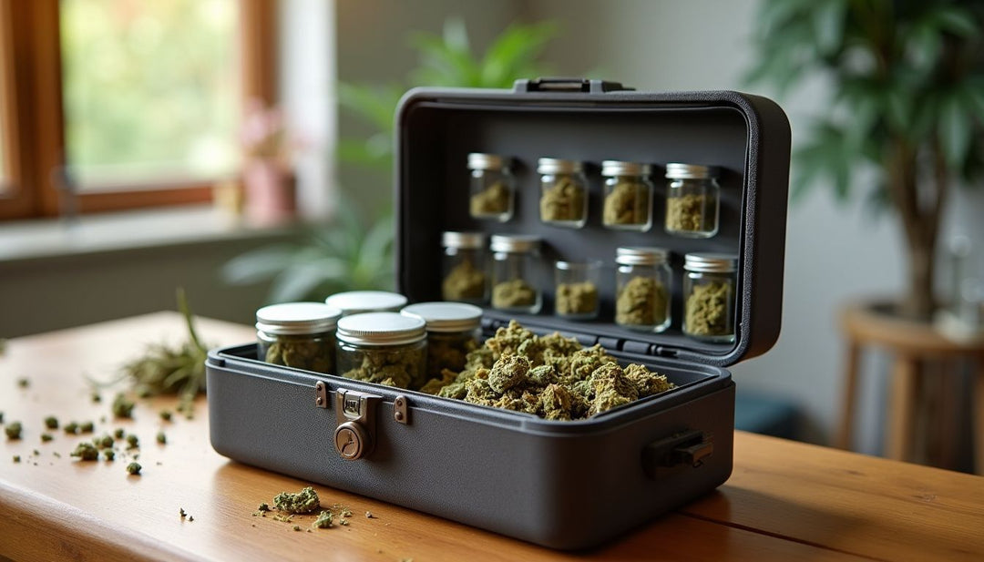 A neatly organized hash stash box with smell-proof jars and combination lock.