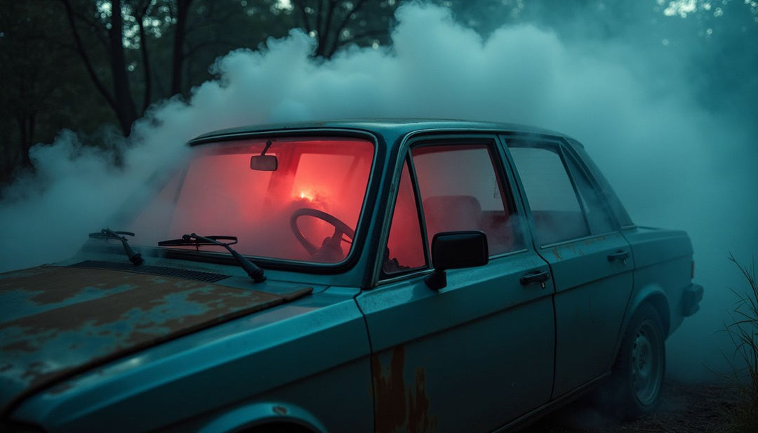 An abandoned car engulfed in smoke, with dim red interior lighting.