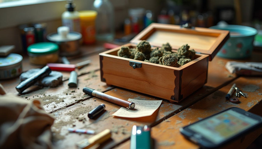 A wooden stash box sits on a cluttered table with smoking accessories.