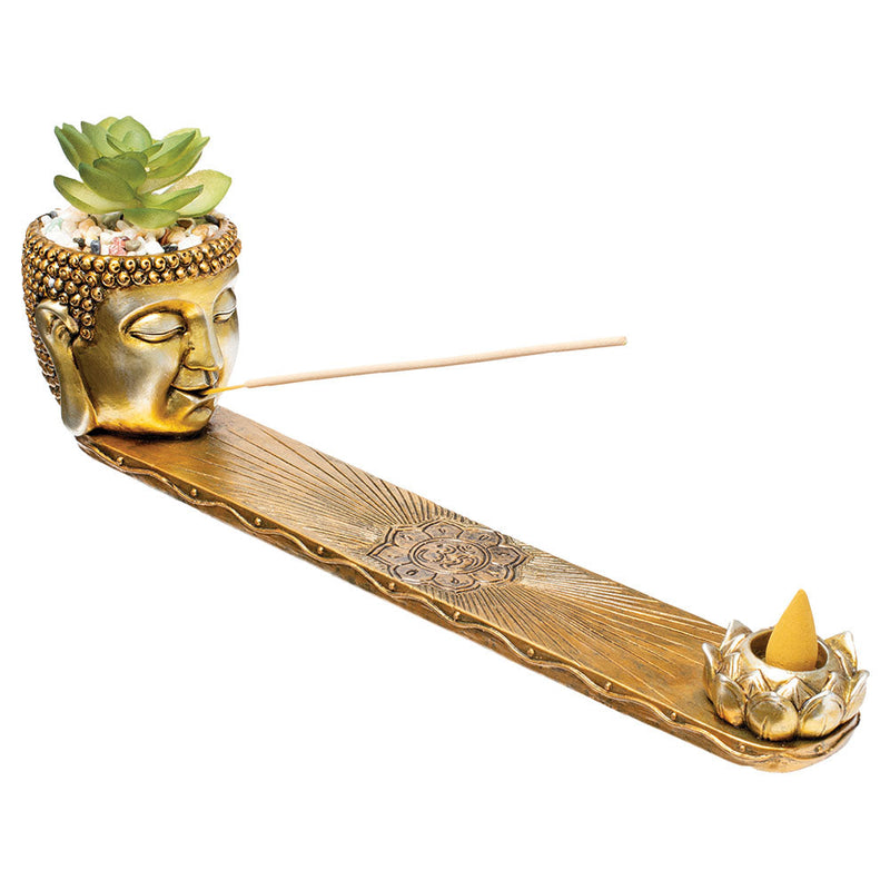 Fujima Buddha Incense Burner with Faux Plant - 12.5" - Headshop.com