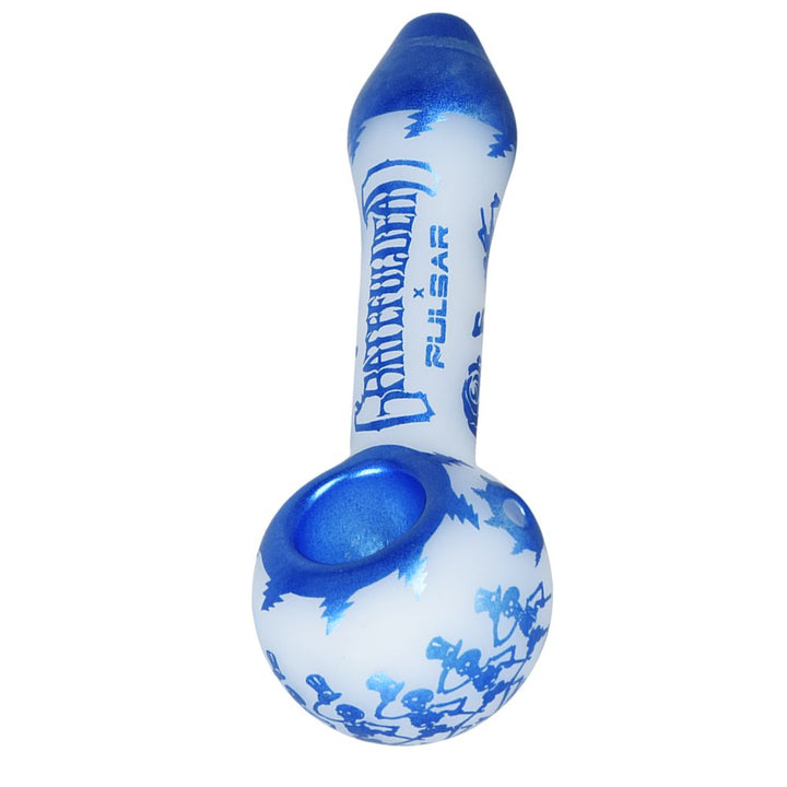 Grateful Dead x Pulsar Blue Sky Dancing Skellies Glass Spoon Pipe - 4.75" - Headshop.com