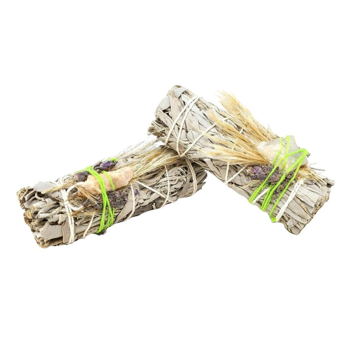 White Sage Floral Smudge Stick & Crystal Stone Bundle | 4" - Headshop.com