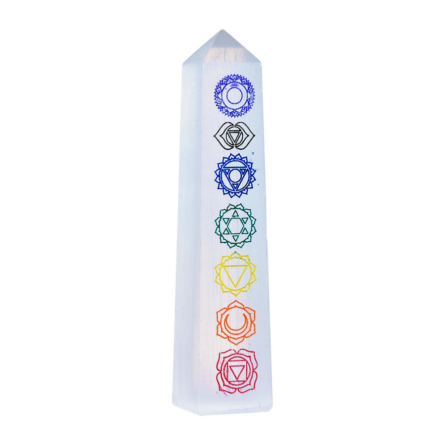Chakra Symbols Selenite Crystal Obelisk - 4.5" - Headshop.com