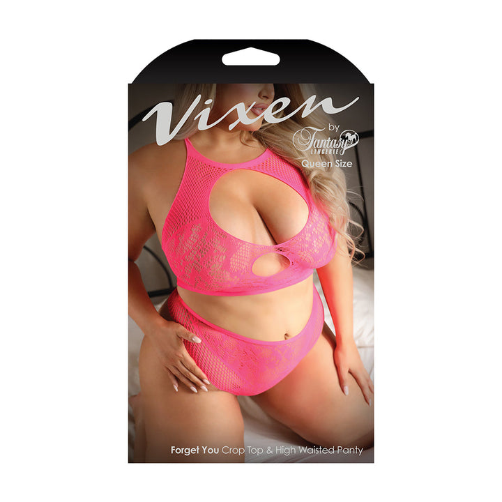 Fantasy Lingerie Vixen Forget You Seamless Lace Crop Top & High Waisted Panty Pink Queen Size - Headshop.com