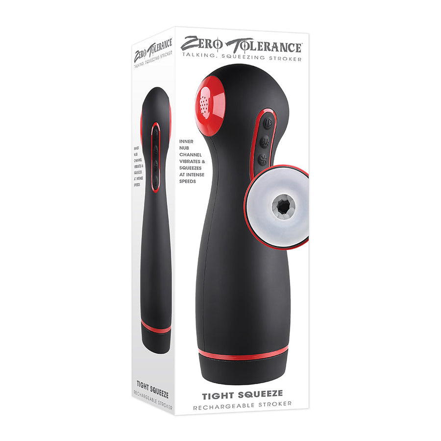 Zero Tolerance Tight Squeeze Rechargeable Vibrating Squeezing Talking Stroker TPE Black/Red - Headshop.com
