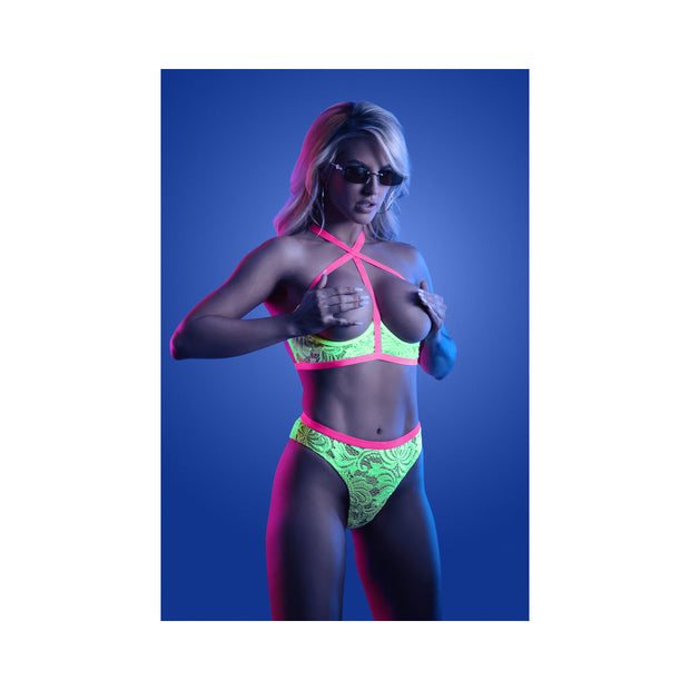 Fantasy Lingerie Glow Persuasive Open Cup Cage Bra & Panty Neon Green S/M - Headshop.com