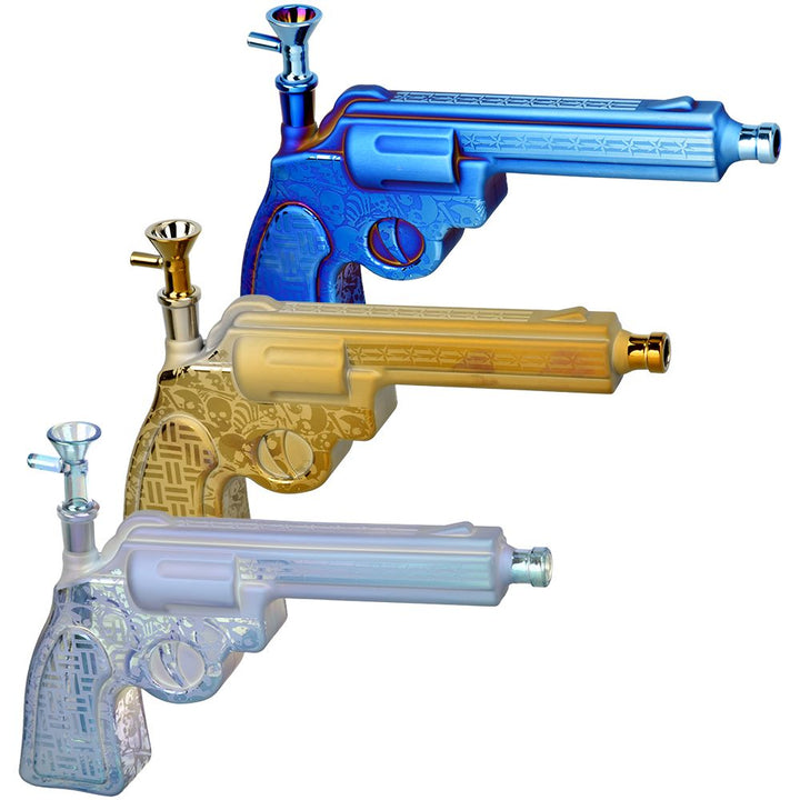 Six Gun A-Blazin' Electroplated Glass Pistol Bubbler - 10.75" / 14mm F / Colors Vary - Headshop.com