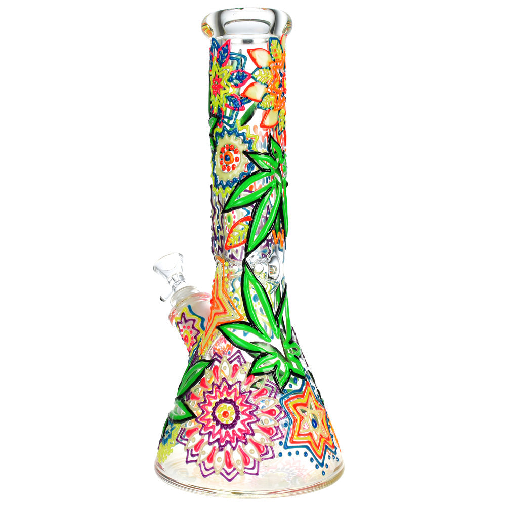 Mandala Hemp Leaf Beaker Water Pipe - 12.75"/14mm F - Headshop.com