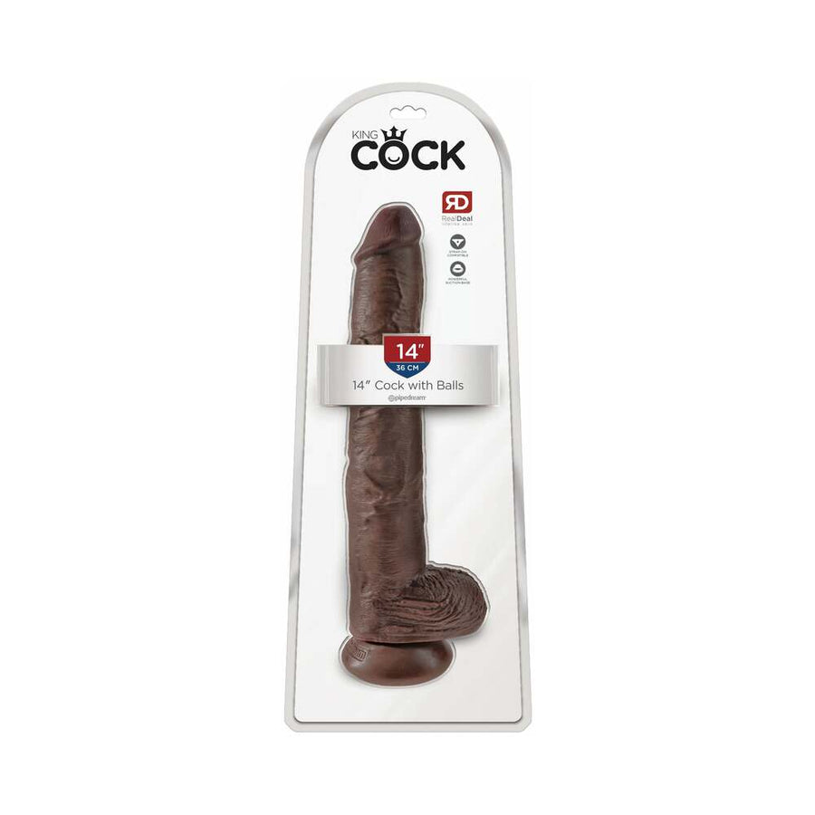 King Cock 14 in. Cock With Balls Realistic Suction Cup Dildo Brown - Headshop.com
