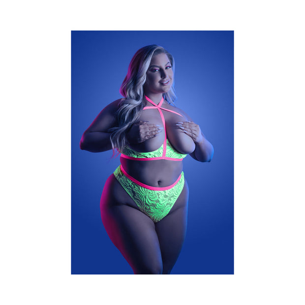 Fantasy Lingerie Glow Persuasive Open Cup Cage Bra & Panty Neon Green Queen - Headshop.com
