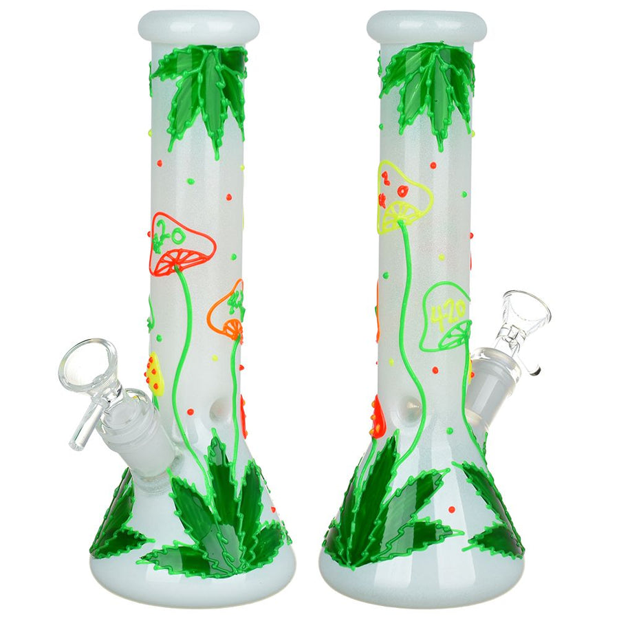 420 Hemp Leaf and Shrooms Glow In The Dark Glass Water Pipe - 9.5" / 14mm F - Headshop.com