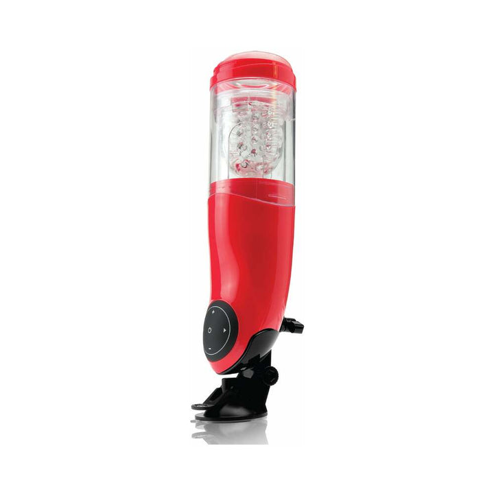 PDX Mega-Bator Mouth Rechargeable Rotating Thrusting Stroker With Hands-Free Suction Cup Clear/Red - Headshop.com
