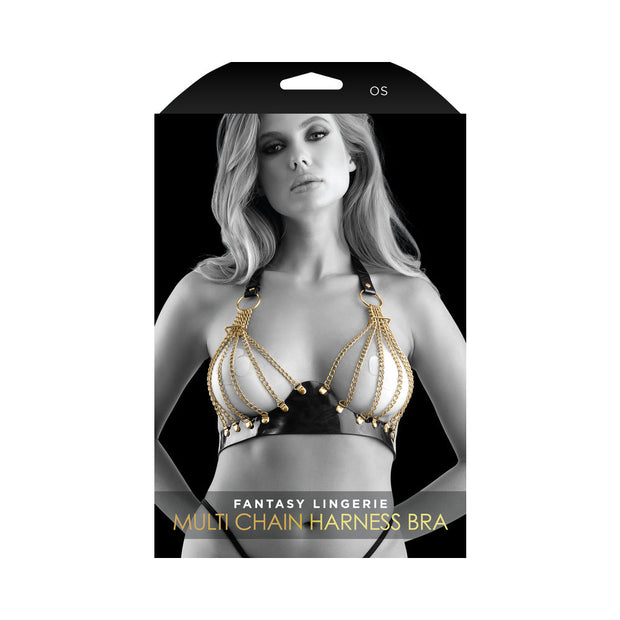 Fantasy Lingerie Glossy Vegan Leather Harness Bra with Chain Cups O/S - Headshop.com