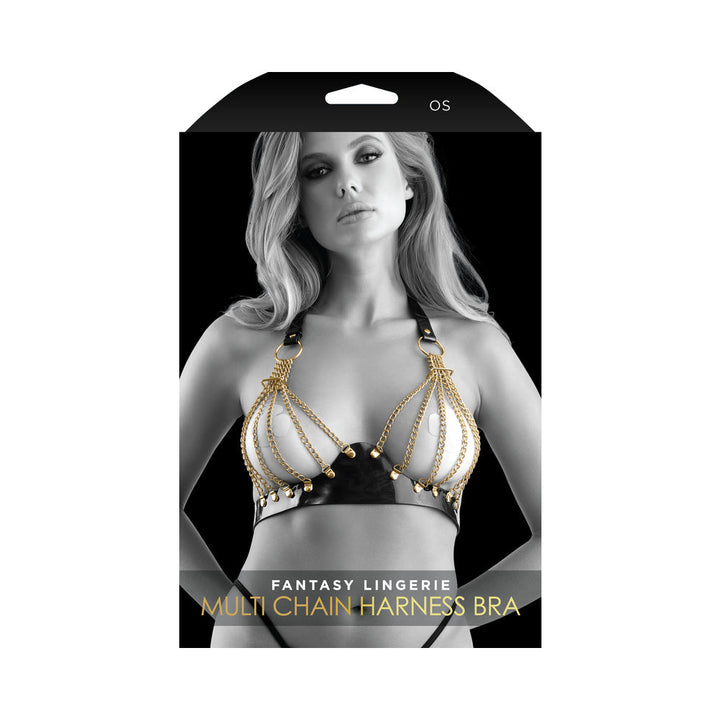 Fantasy Lingerie Glossy Vegan Leather Harness Bra with Chain Cups O/S - Headshop.com