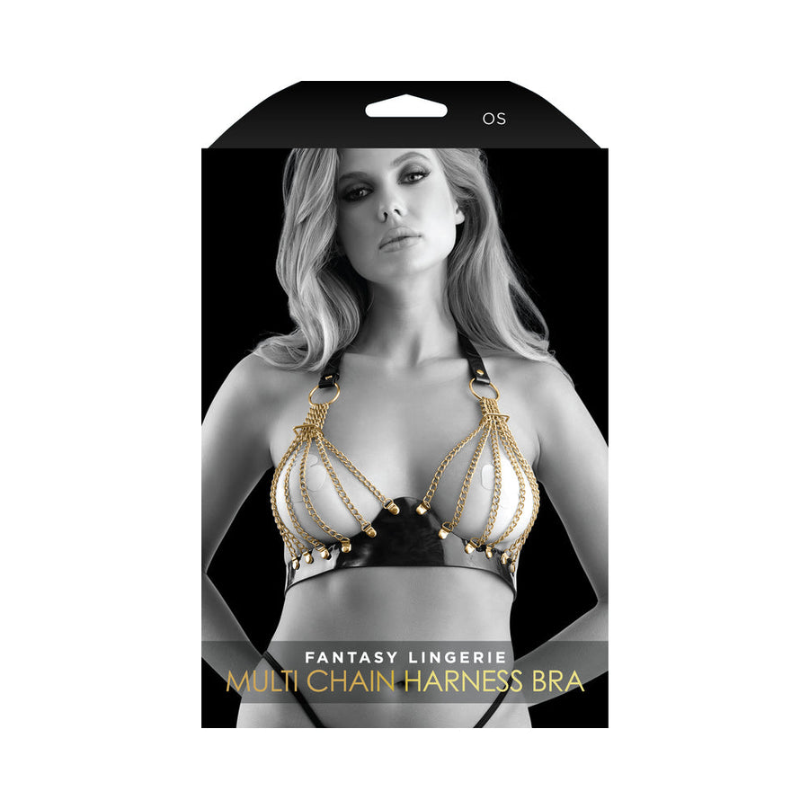 Fantasy Lingerie Glossy Vegan Leather Harness Bra with Chain Cups O/S - Headshop.com