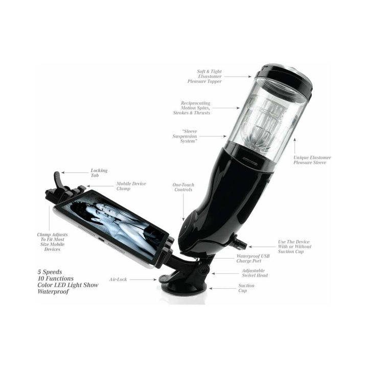 PDX Mega-Bator Ass Rechargeable Rotating Thrusting Stroker With Hands-Free Suction Cup Clear/Black - Headshop.com