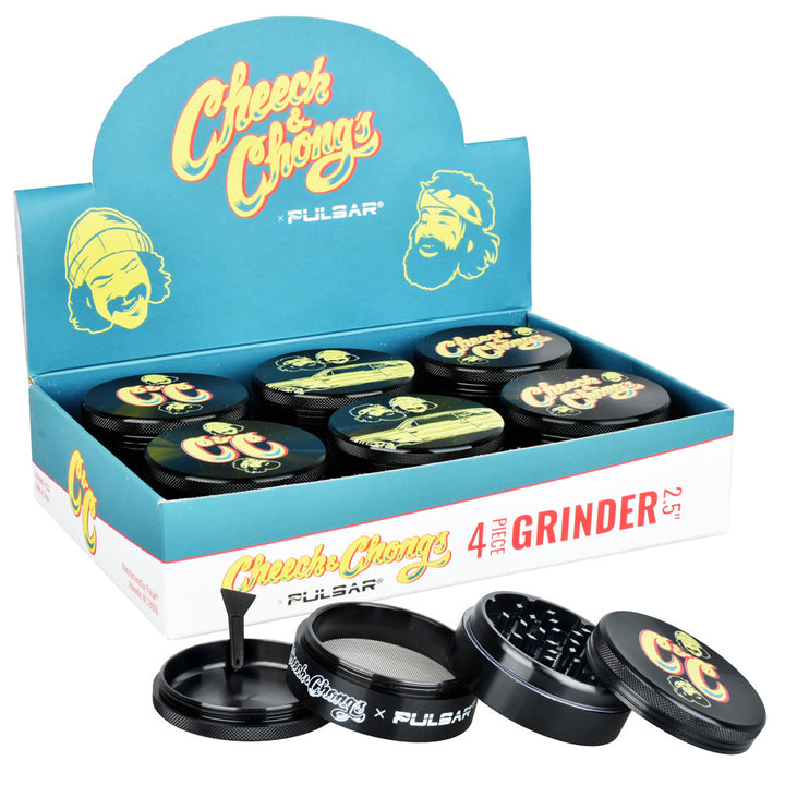 6PC DISPLAY - Cheech & Chong's x Pulsar Metal Grinder - Black / 4pc / 2.5" - Headshop.com