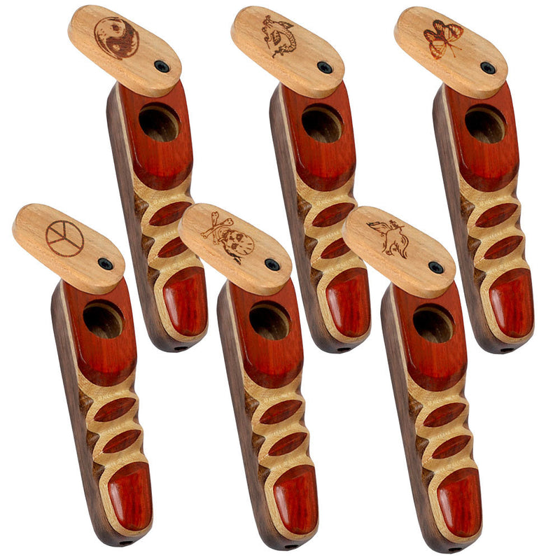 Wood Spoon Pipe w/ Engraved Swivel Lid - 3.75" / Styles Vary - Headshop.com