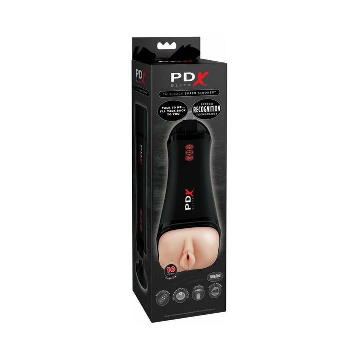 PDX Elite Talk-Back Rechargeable Vibrating Super Stroker With Hands-Free Suction Cup Beige/Black - Headshop.com