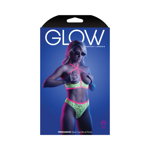 Fantasy Lingerie Glow Persuasive Open Cup Cage Bra & Panty Neon Green S/M - Headshop.com