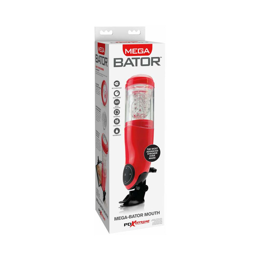 PDX Mega-Bator Mouth Rechargeable Rotating Thrusting Stroker With Hands-Free Suction Cup Clear/Red - Headshop.com