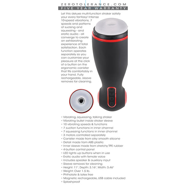 Zero Tolerance Tight Squeeze Rechargeable Vibrating Squeezing Talking Stroker TPE Black/Red - Headshop.com