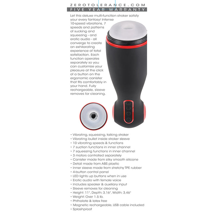 Zero Tolerance Tight Squeeze Rechargeable Vibrating Squeezing Talking Stroker TPE Black/Red - Headshop.com