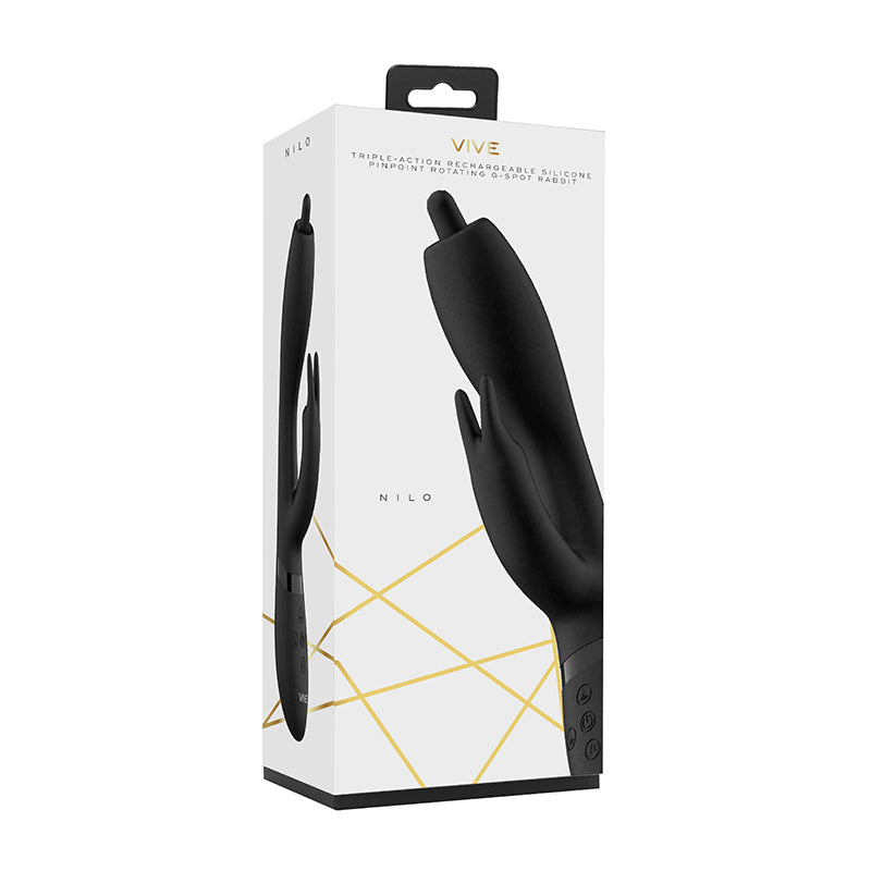 VIVE NILO Rechargeable Pinpoint Rotating Siilicone Rabbit Vibrator Black - Headshop.com