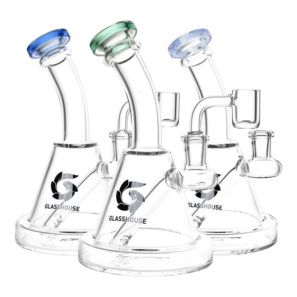 Glass House Bent Neck Glass Dab Rig - 6.75" / 14mm F / Colors Vary Glass House Bent Neck Glass Dab Rig - 6.75" / 14mm F / Colors Vary
