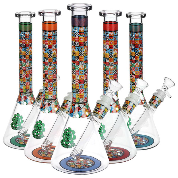 SeshGear Icon Blocks Pattern Beaker Glass Water Pipe - 10" / 14mm F / Colors Vary - Headshop.com