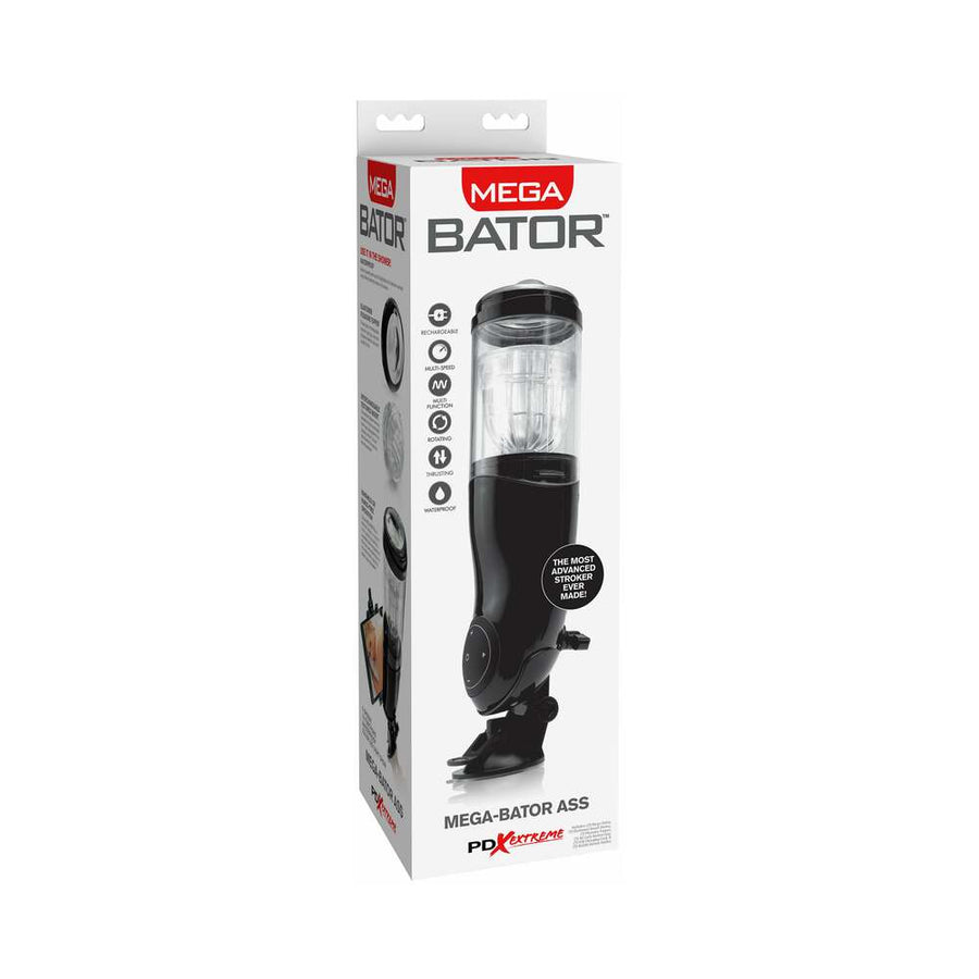 PDX Mega-Bator Ass Rechargeable Rotating Thrusting Stroker With Hands-Free Suction Cup Clear/Black - Headshop.com
