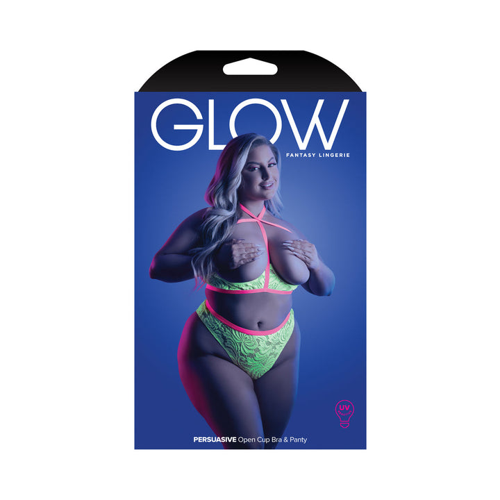 Fantasy Lingerie Glow Persuasive Open Cup Cage Bra & Panty Neon Green Queen - Headshop.com