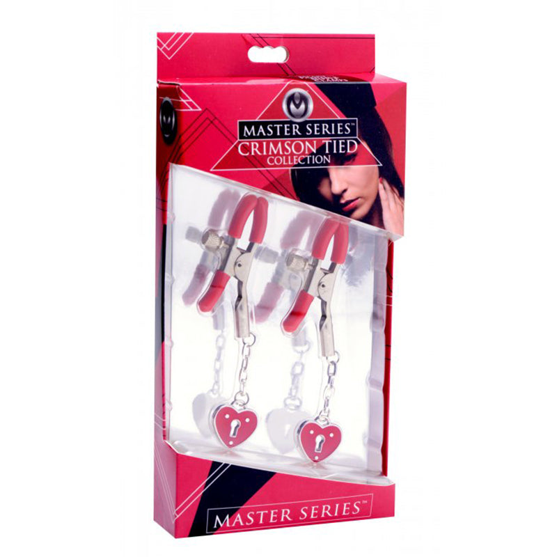 Masters Crimson Tied Charmed Heart Padlock Nipple Clamps - Headshop.com
