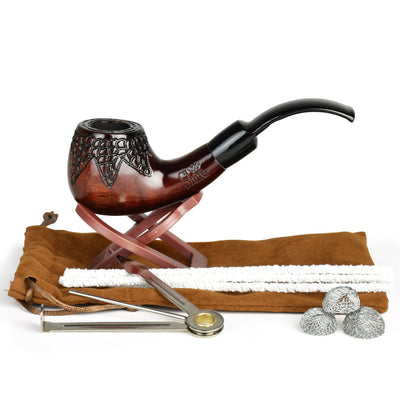Pulsar Shire Pipes Engraved Bowl Bent Apple Cherry Wood Pipe - 5.5" - Headshop.com