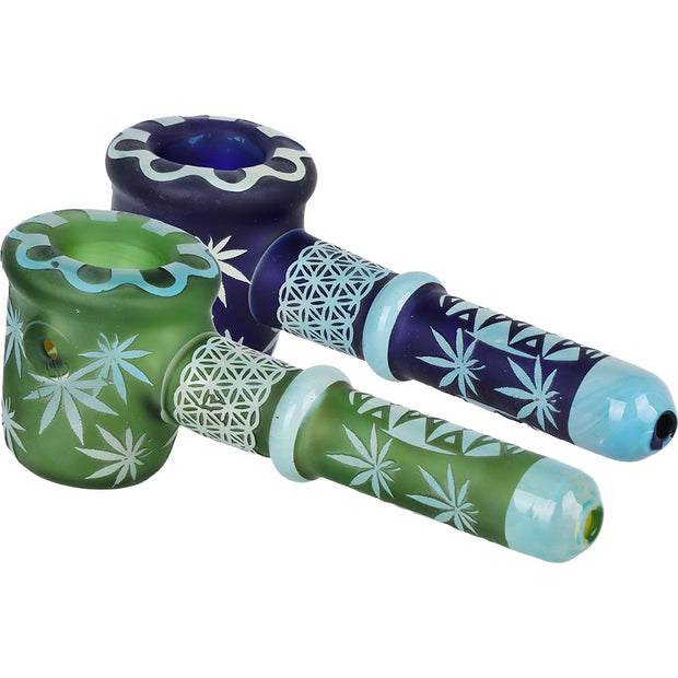 Flower of Leaf Sandblasted Glass Hand Pipe - 4.75"" / Colors Vary - Headshop.com