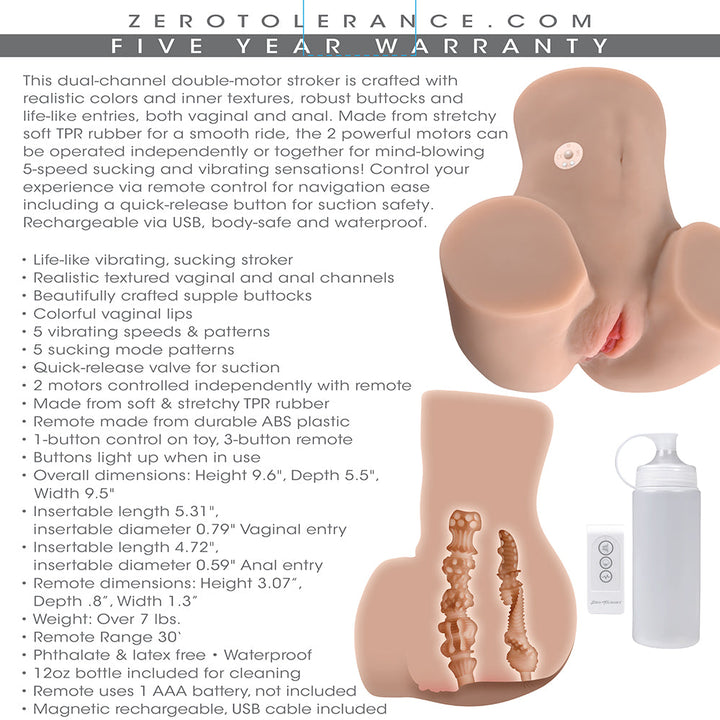 Zero Tolerance Rear Beauty Rechargeable Remote Controlled Vibrating Sucking Dual Entry Masturbator TPE Light - Headshop.com