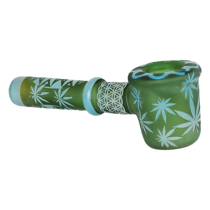 Flower of Leaf Sandblasted Glass Hand Pipe - 4.75"" / Colors Vary - Headshop.com