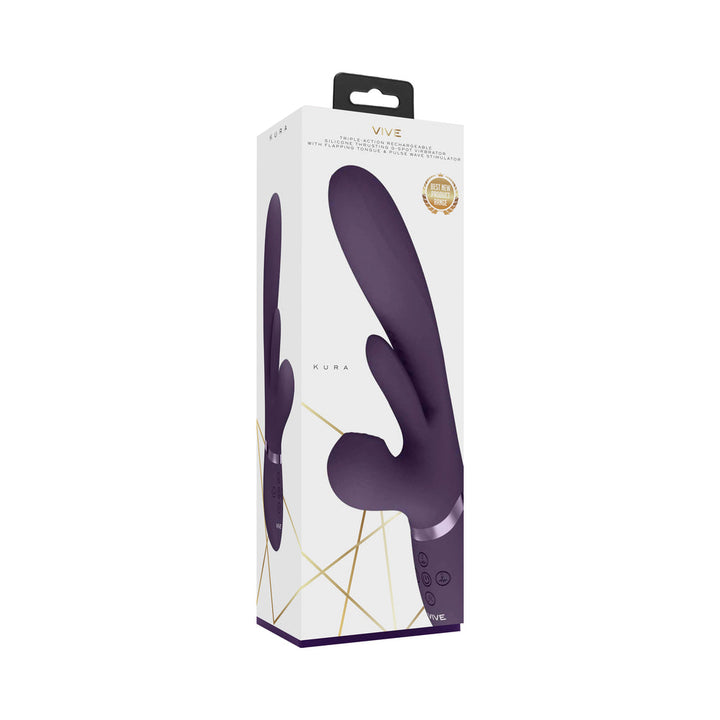 VIVE KURA Rechargeable Thrusting Silicone G-Spot Vibrator with Flapping Tongue and Pulse Wave Stimulator Purple - Headshop.com