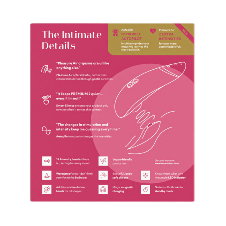 Womanizer Premium 2 Rechargeable Silicone Luxurious Pleasure Air Clitoral Stimulator Raspberry - Headshop.com