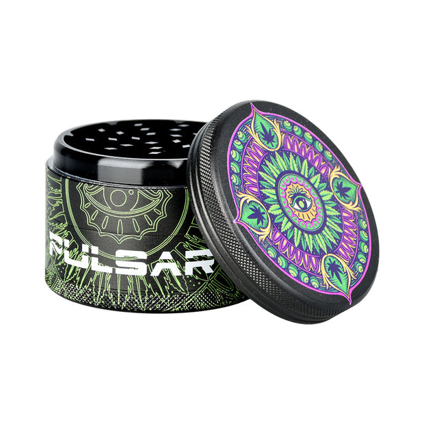 Pulsar Design Series Grinder with Side Art - Hemp Mandala / 4pc / 2.5" - Headshop.com