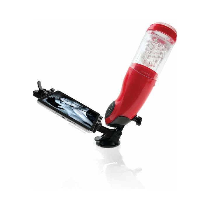 PDX Mega-Bator Mouth Rechargeable Rotating Thrusting Stroker With Hands-Free Suction Cup Clear/Red - Headshop.com