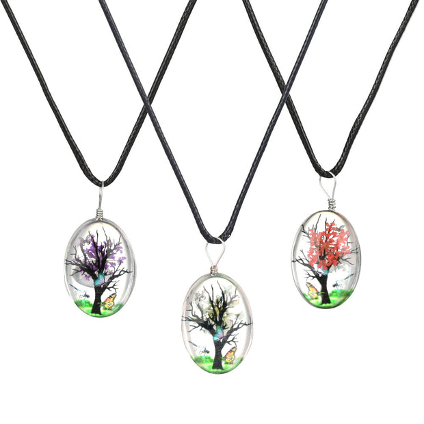 Oval Blooming Tree Glass Pendant Necklace - 20" / Assorted Styles 10PC SET - Headshop.com