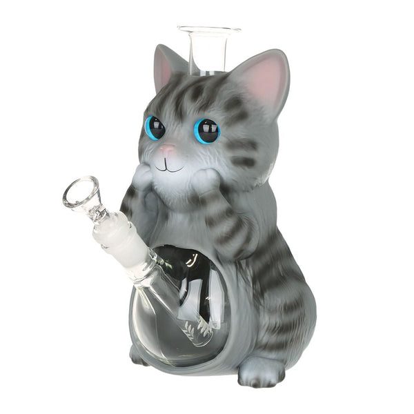 Grey Tabby Cat Glass & Vinyl Water Pipe - 9" Grey Tabby Cat Glass & Vinyl Water Pipe - 9"