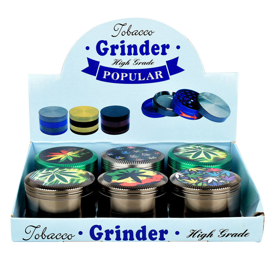 Hemp Leaf Colored Metal Grinder- 4pc/2.5"/Assorted - 6PC DISP - Headshop.com